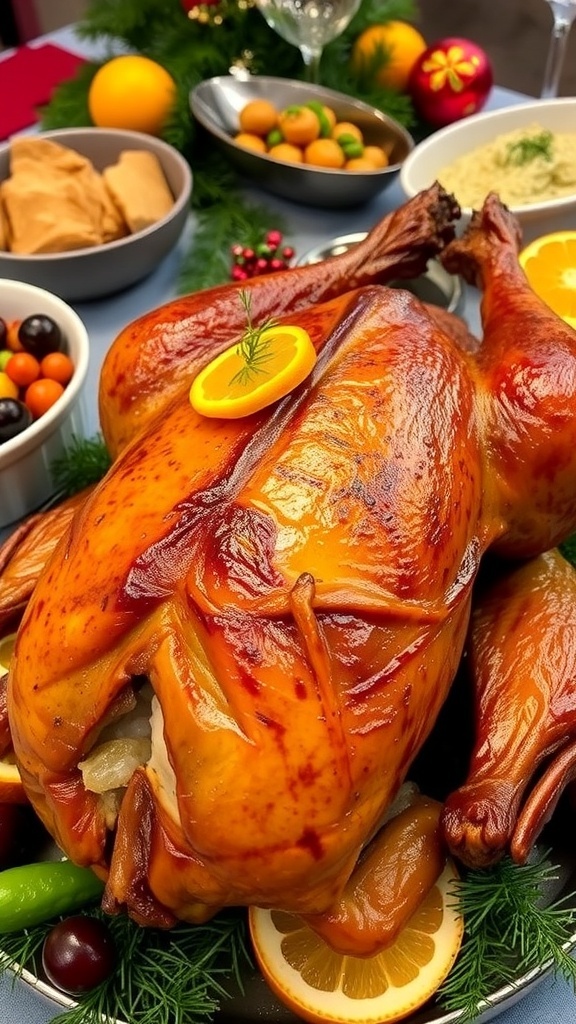 A succulent roast duck with crispy skin, garnished with herbs and oranges, on a festive table.